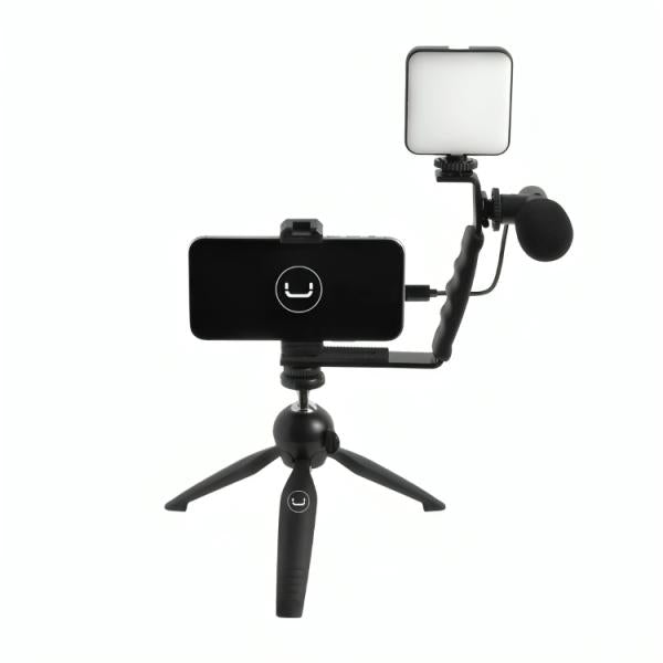 KIT DE VLOGGING UNNO TEKNO PH1902BK CON LUZ Y MICRÓFONO NEGRO