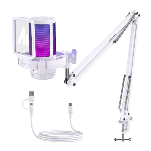 MICRÓFONO GAMING RGB MAONO DGM20S WHITE CON BRAZO USB / USB-C CON CANCELACIÓN DE RUIDO BLANCO