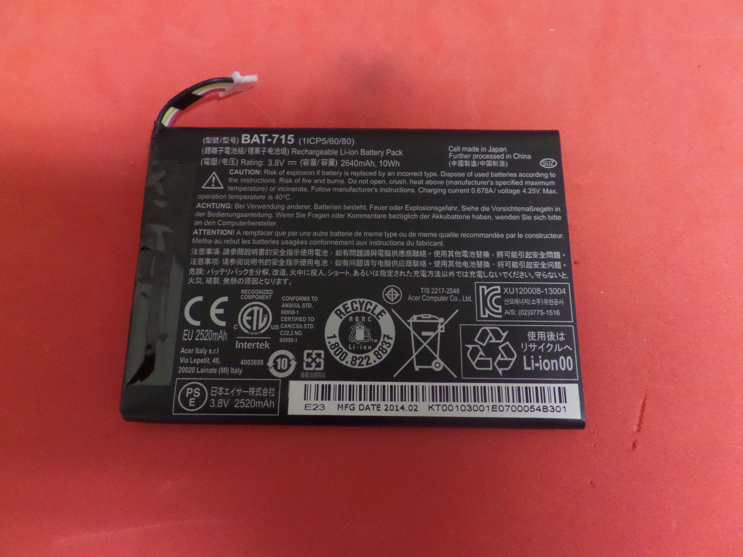BATERIA PARA TABLETA ACER ICONIA B1-710 NUEVA ORIGINAL 3.8V 2640MAH BAT-715 (1ICP5/60/80)