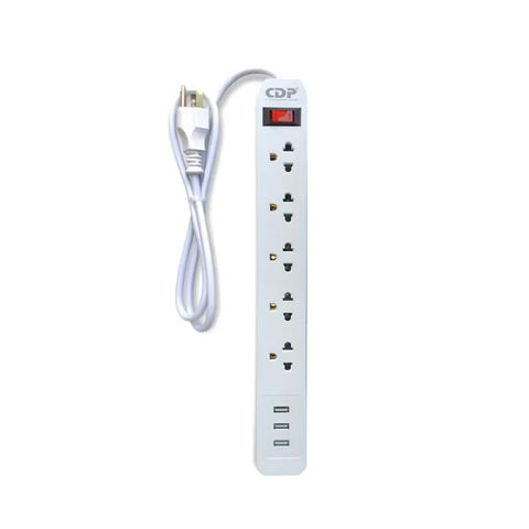 REGLETA PROTECTOR DE VOLTAJE CDP RU-SS5 1500W 5 TOMAS SUPRESIÓN DE PICOS Y SOBRECARGAS 3 PUERTOS USB BLANCO