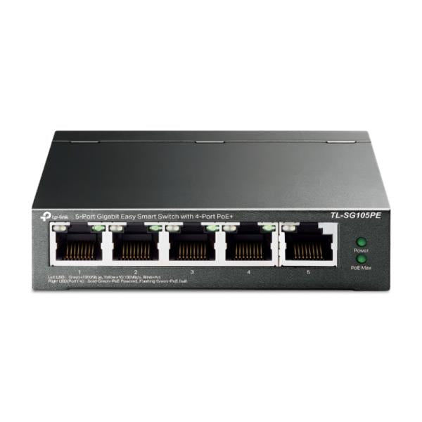 SWITCH TP LINK TL-SG105PE(UN) 5 PUERTOS RJ45 GIGABIT / 4 PUERTOS POE+ 10/100/1000 MBPS ADMINISTRABLE GRIS