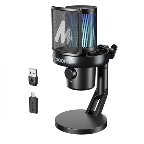 MICRÓFONO GAMING RGB MAONO DM40 PRO USB / INALÁMBRICO CON RECEPTOR USB-C NEGRO