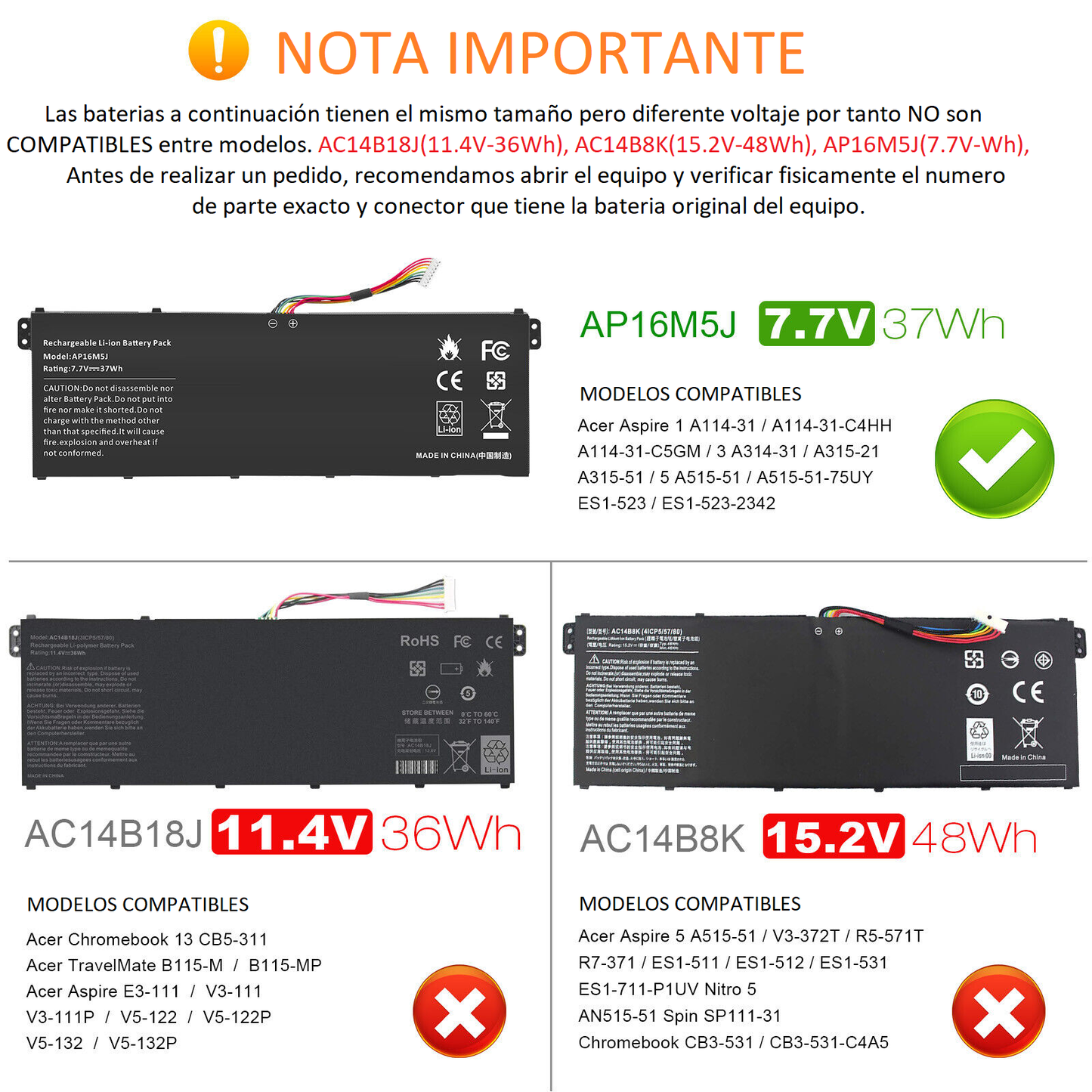 BATERIA ACER AP16M5J ASPIRE 1 A114-31 ASPIRE 3 A314-31 A315-21 A315-51 ASPIRE 5 A515-51 ASPIRE ES1-523