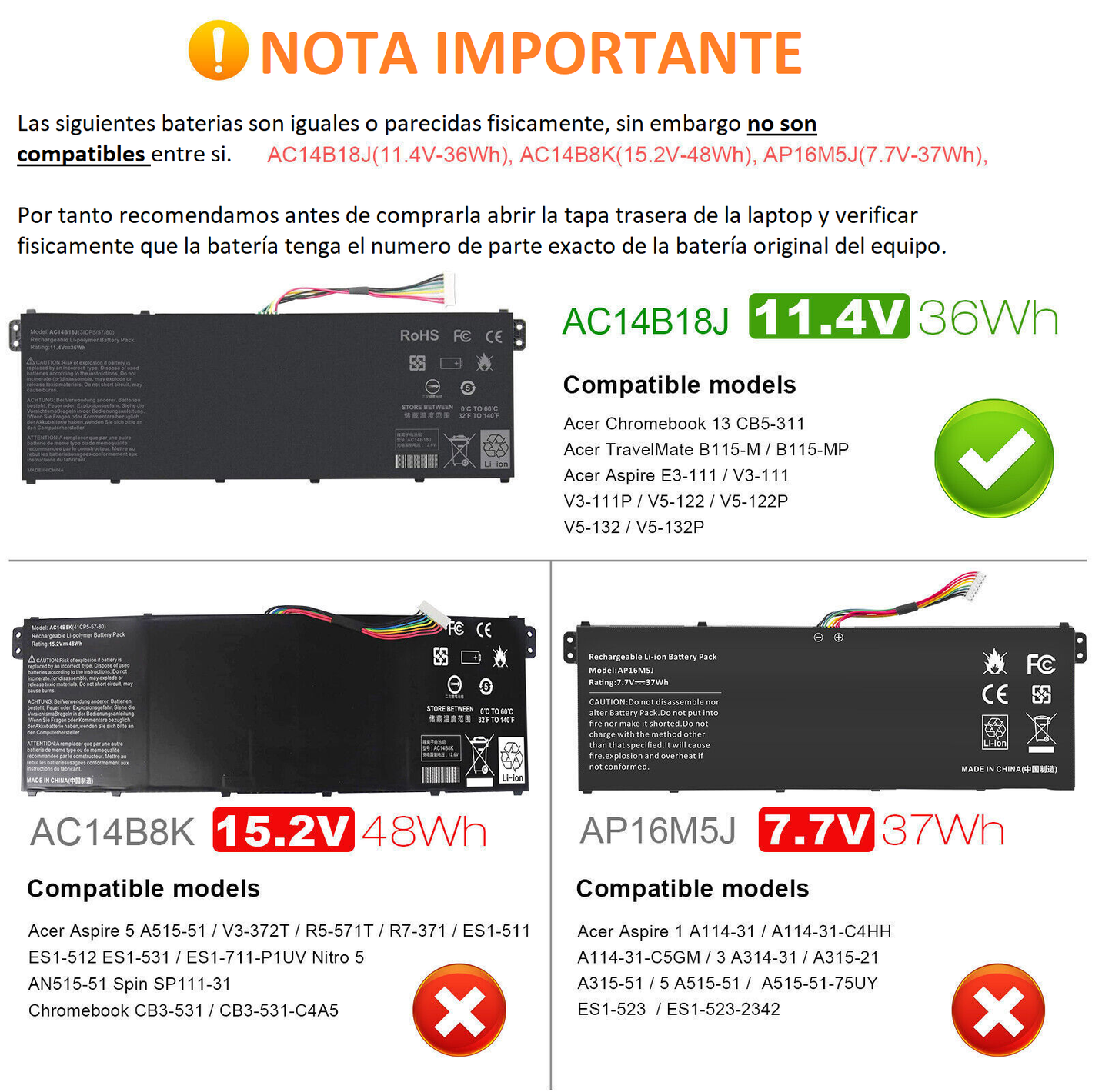 BATERIA ACER AC14B18J AC14B13J ES 15 ES1-531 ES1-533 | 36Wh
