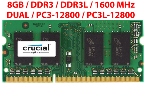 MEMORIA RAM CRUCIAL 8GB DDR3 | DDR3L SODIMM 1600MHz CL11 PC3-12800 | PC3L-12800